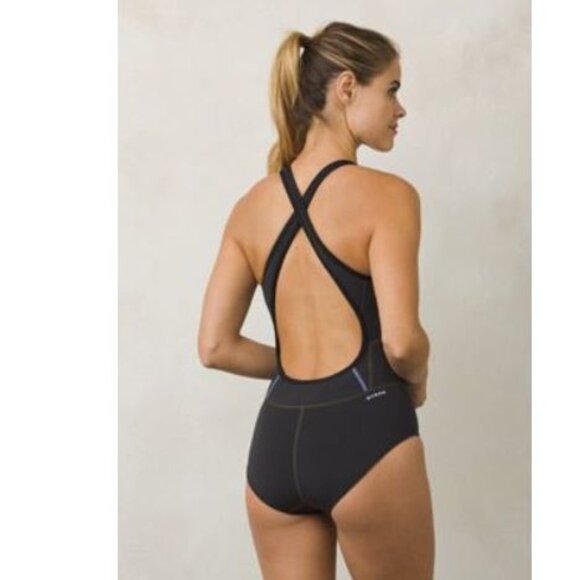 Prana Sporty Eleana One Piece Swimsuit Women's Size S Black Purple Neoprene - Picture 2 of 11
